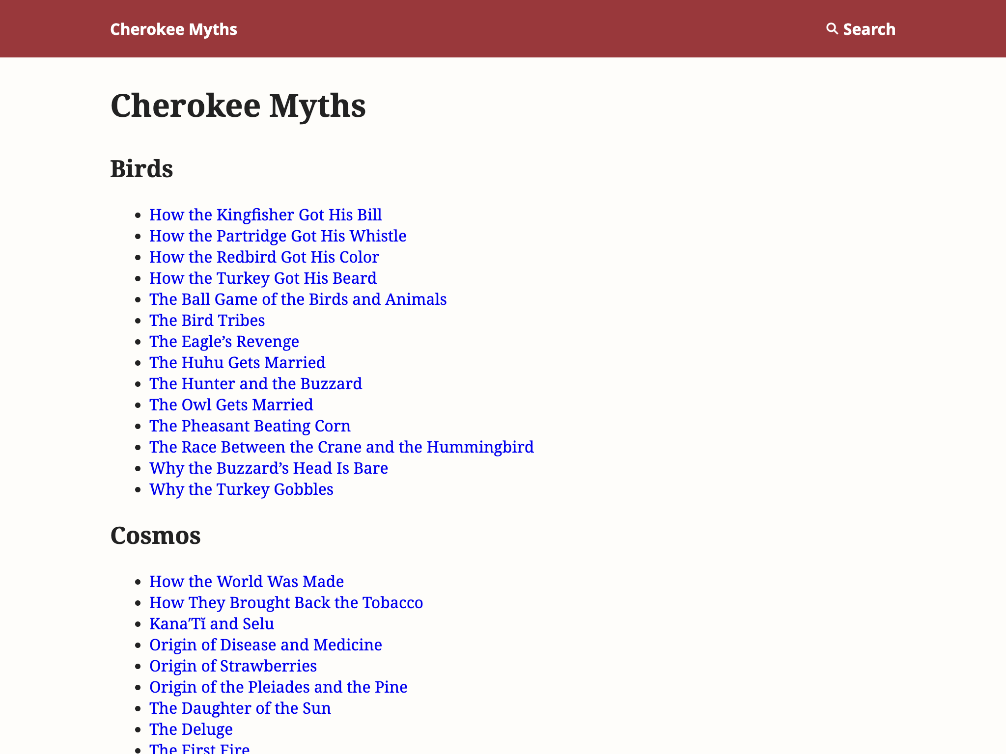 Cherokee Myths site home page with a table of contents listing myths grouped by topic
