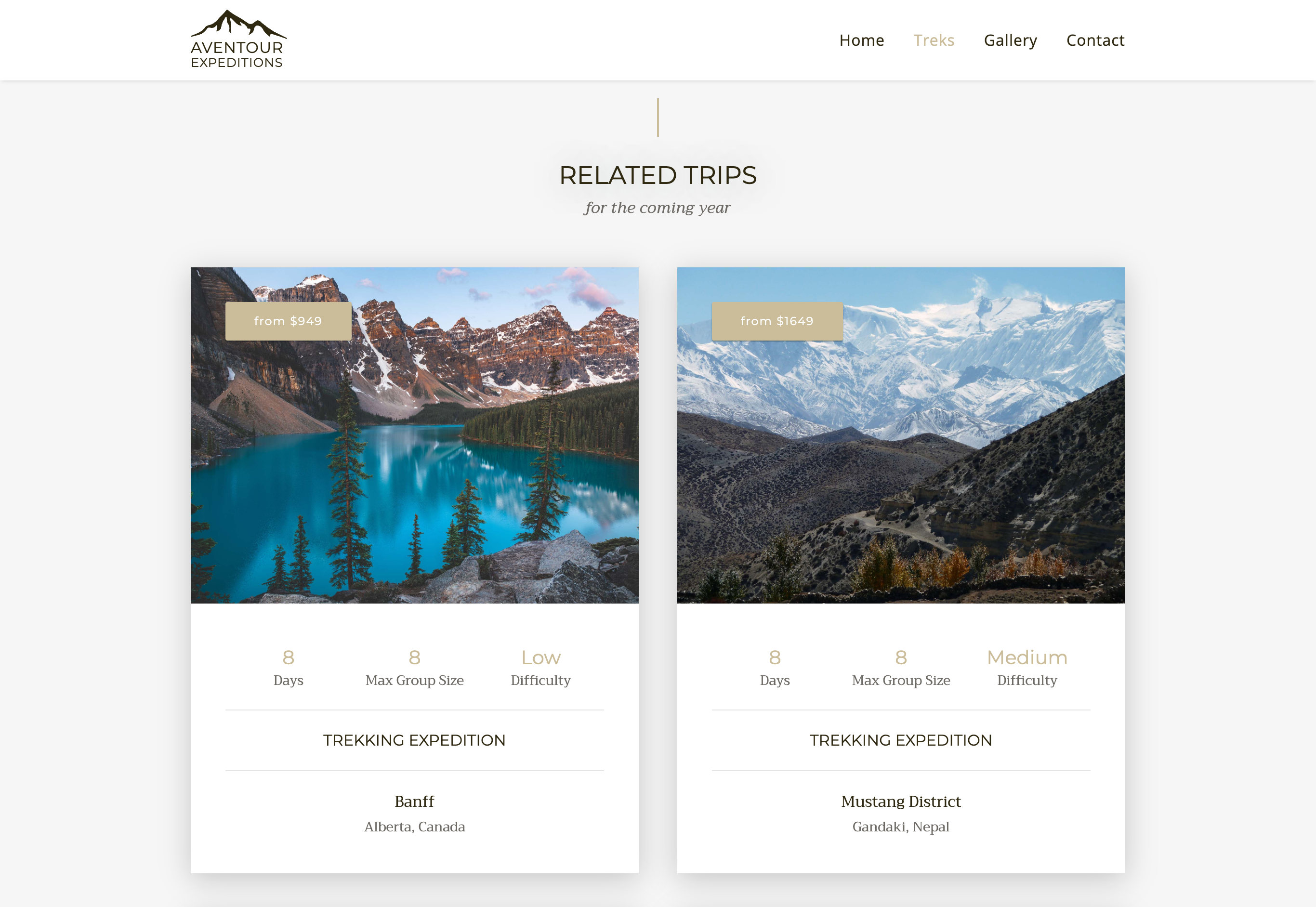 Page showing related treks to mountain destinations in Canada and Nepal