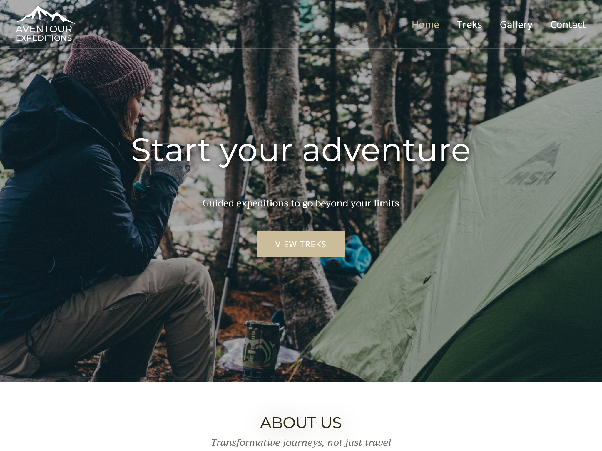 Home page for an outdoor trekking company with tagline "Start your adventure"