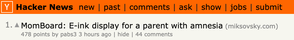 Hacker News screenshot on November 14, 2024, showing the MomBoard post as the #1 story