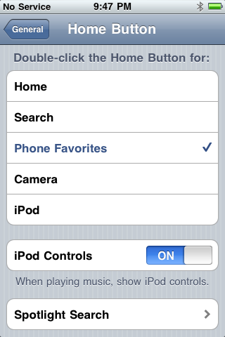 iPhone Home Button Settings Page